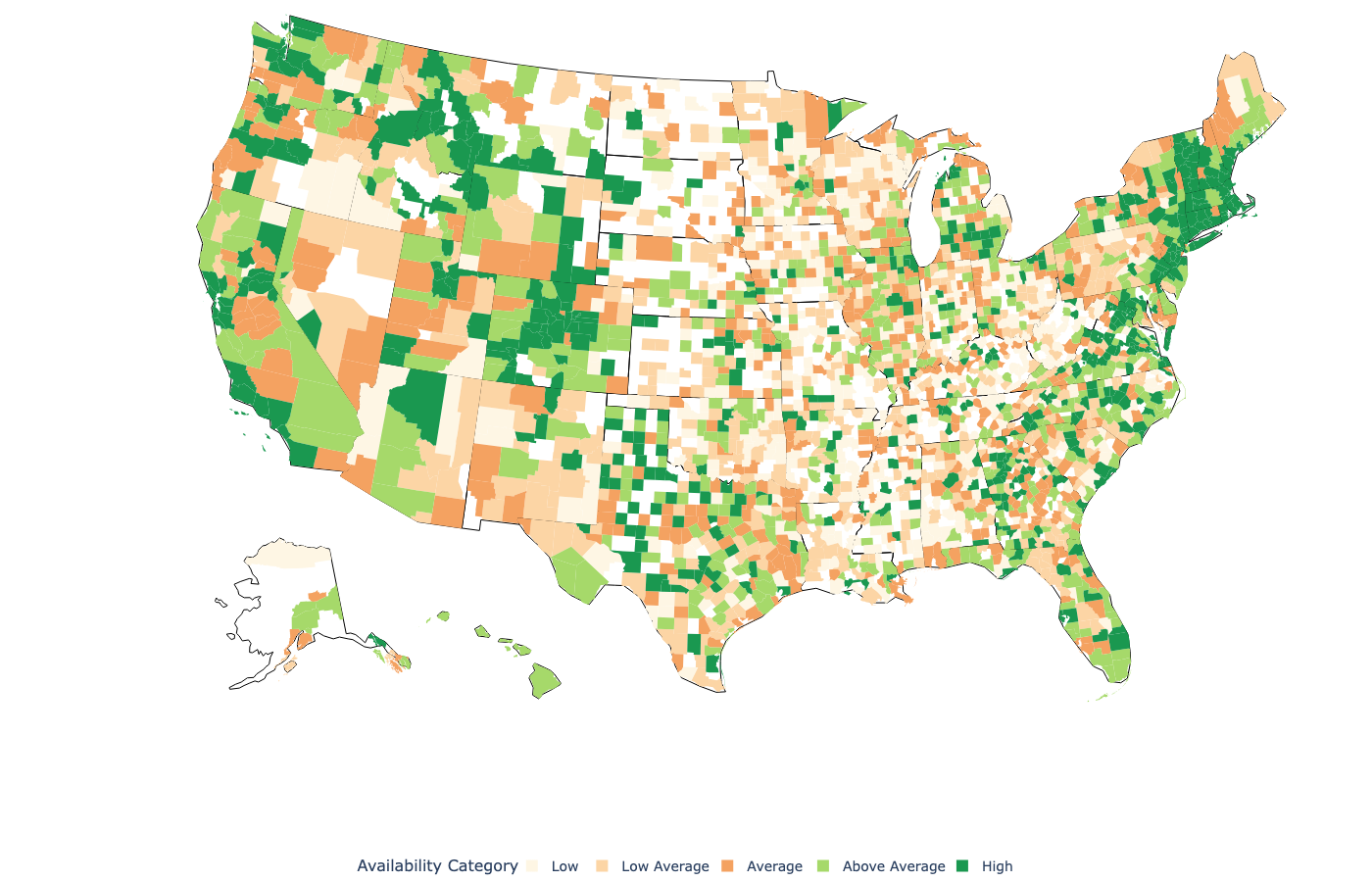 Map figure showing two dimensions of access to mental health care
